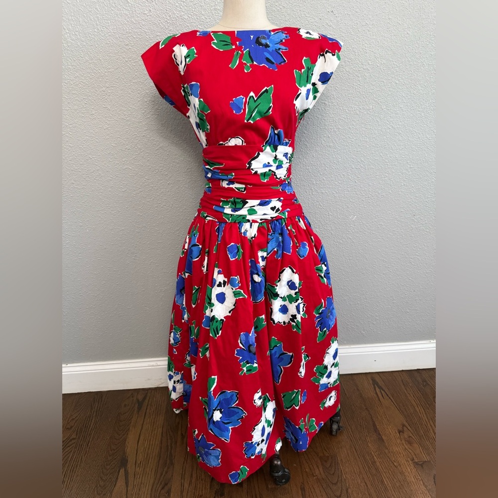 Vintage 80's Patty O'Neil Floral Drop Waist Flounce Midi‎ Dress Size